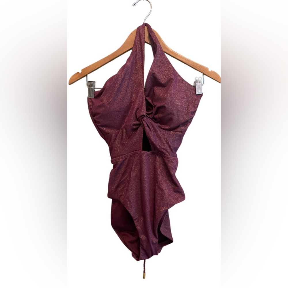 Time and Tru: Maroon Halter Swimsuit with Gold Shimmer NWOT